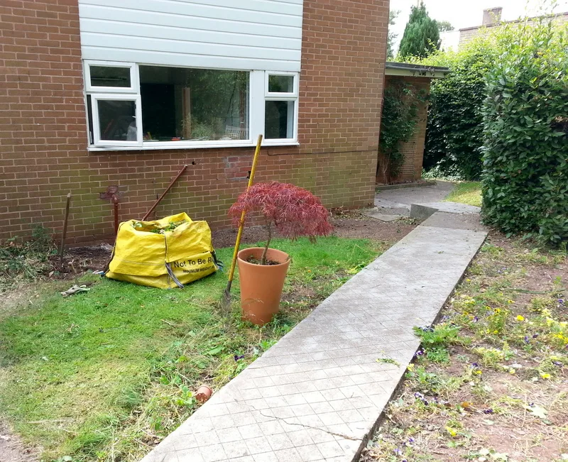 A weedy lawn and an old slab path beside a brick house, with a bag of garden waste